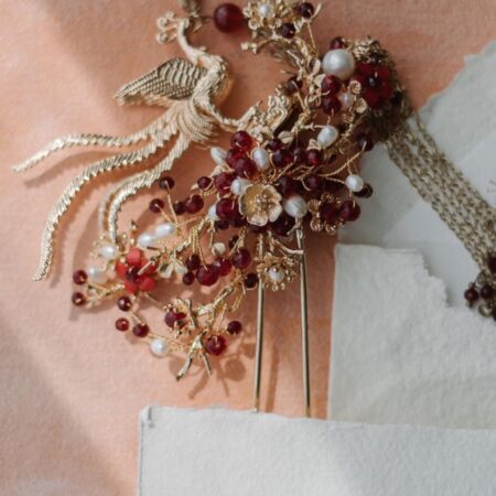 3D Phoenix Garden Hairpin - Gold, Red