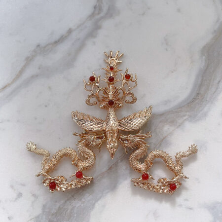 Phoenix and Dragon in Heaven Brooch - Gold, Red