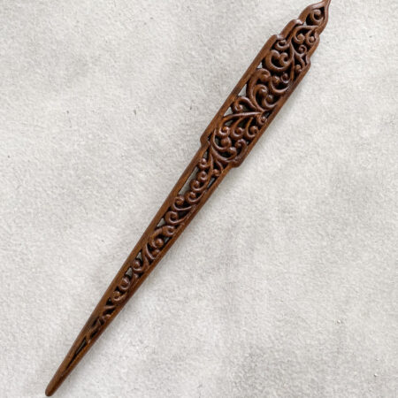 Intricate Carved Wooden Hairpin - Dark Brown