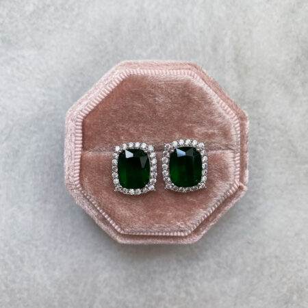 Vintage Elongated Cushion Earrings - Rhodium White Gold, Emerald