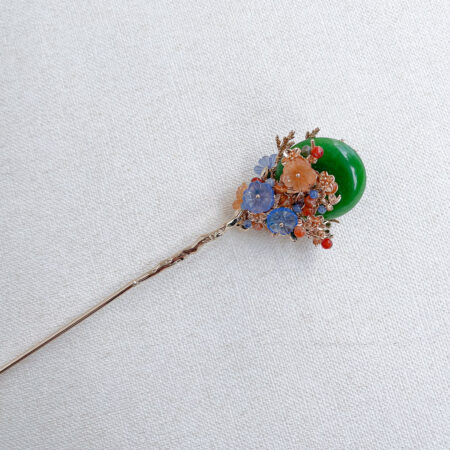 Round Jade Treasure Floral Hairpin - Gold, Jade