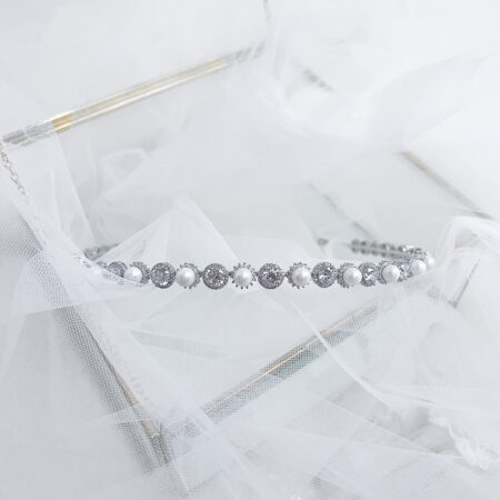 Pearl Halo Round Halo Large Headband - Rhodium White Gold, White Pearl