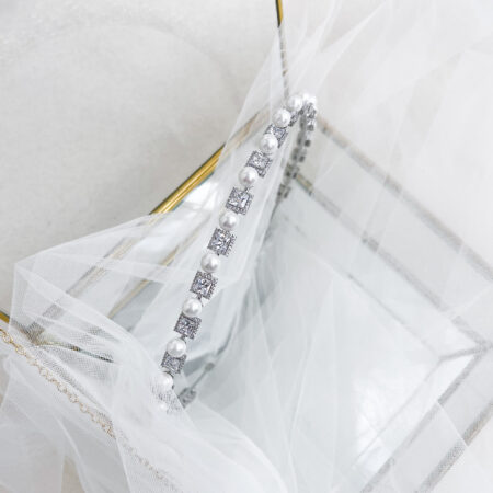 Princess Halo Pearl Headband - Rhodium White Gold, White Pearl