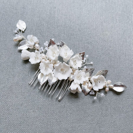 Clay Flower Blossom Leaves Medium Haircomb - White Silver