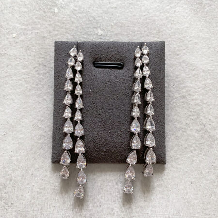 Double Fringe Pear Earrings - Rhodium White Gold