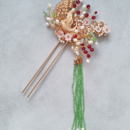 Peacock Flowers Hairpin - Gold, Green