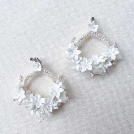 Round Clay Flower Blossom Hoop Earrings - White Silver (Clip)