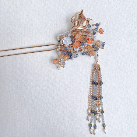 Flying Crane Beautiful Blossom Hairpin - Gold, Blue