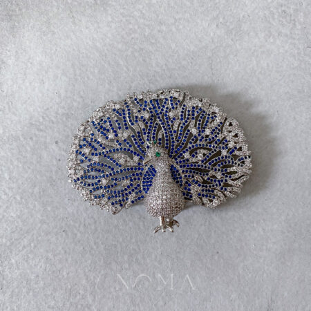 Peacock Paved Sapphire Brooch - Rhodium White Gold, Sapphire
