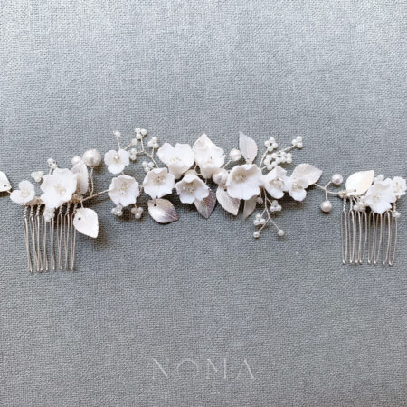 Clay Flower Blossom Leaves Long Haircomb - White Silver