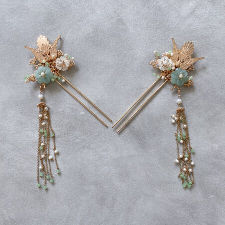 Phoenix Jade Flowers Hairpin - Gold (Right)