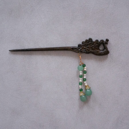 Carved Peacock Wooden Hairpin - Gold, Light Jade