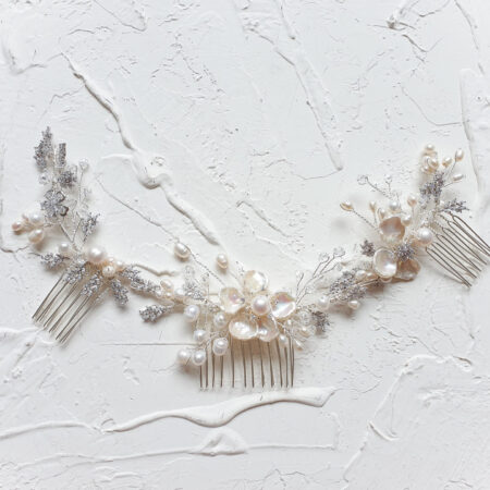 Extravagant Pearl Flower Haircomb Set - White Silver (3 pcs)