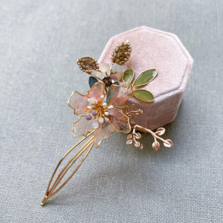 Flower Blossom Beaded Leaves Small Hairclip - Gold