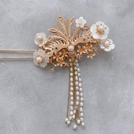 3D Peacock Floral Garden Hairpin - Gold, White