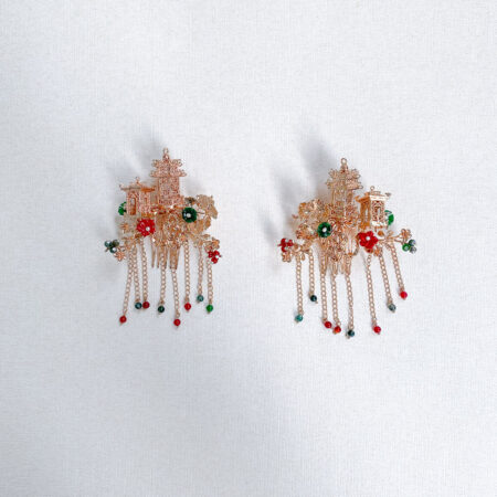 Double Pagoda Side Haircomb Pair - Gold, Red (1 pair)