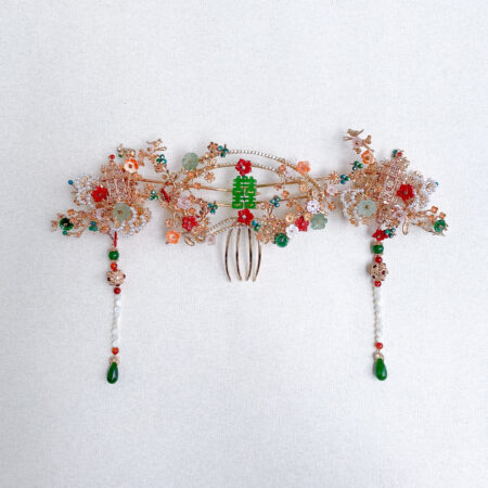 Fan-Shaped Jade Shuangxi Pagoda Set - Gold, Jade (3 pcs)