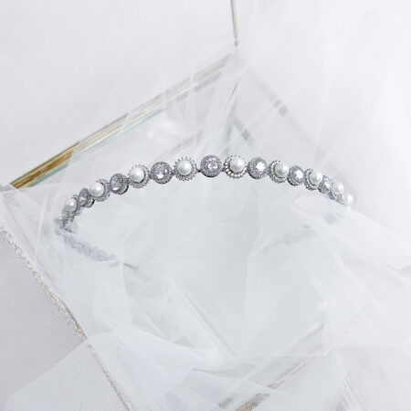 Pearl Halo Round Halo Small Headband - Rhodium White Gold, White Pearl