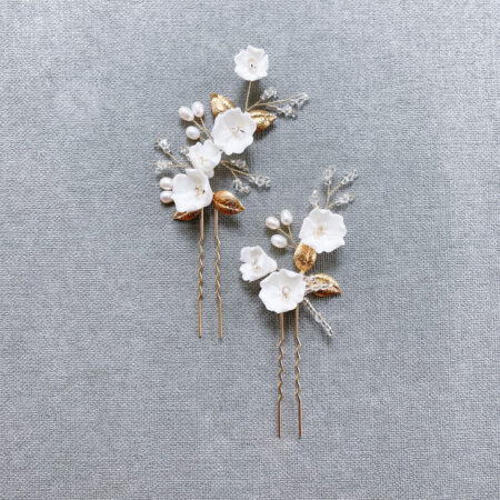 Clay Flower Blossom Leaves Garden Hairpin Set - Gold (2 pcs)