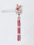 Crane Flowers Hairpin - Gold, Red (Left)