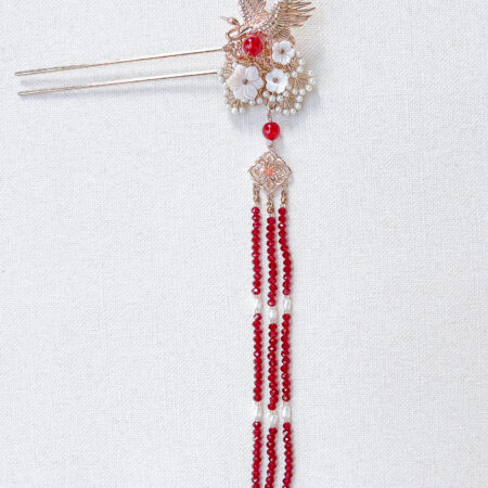 Crane Flowers Hairpin - Gold, Red (Left)