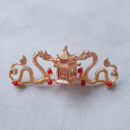 Twin Dragon Pagoda Brooch - Gold, Red