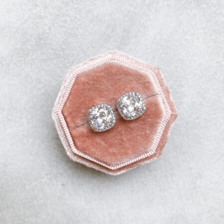 Classy Cushion Center Earrings - Rhodium White Gold, White Diamond (Needle)