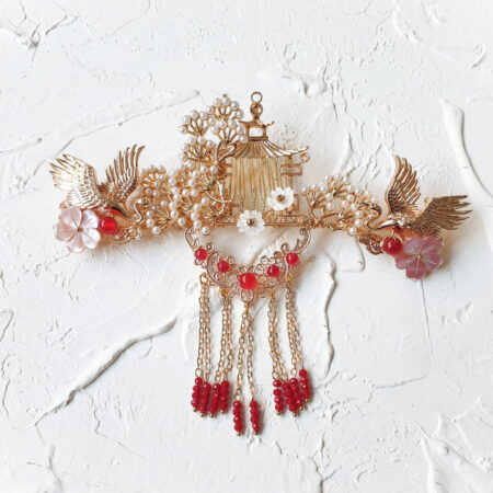 Crane Flowers Haircomb - Gold, Red