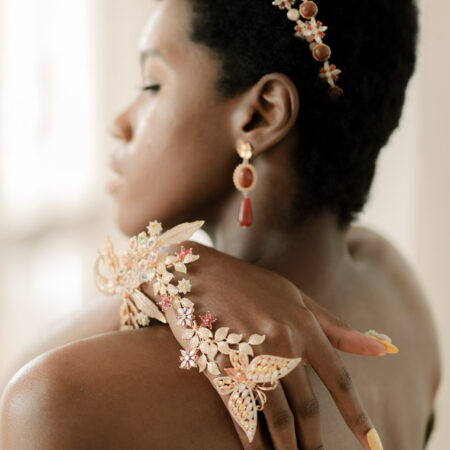 Baroque Floral Jade Earrings - Gold, Red