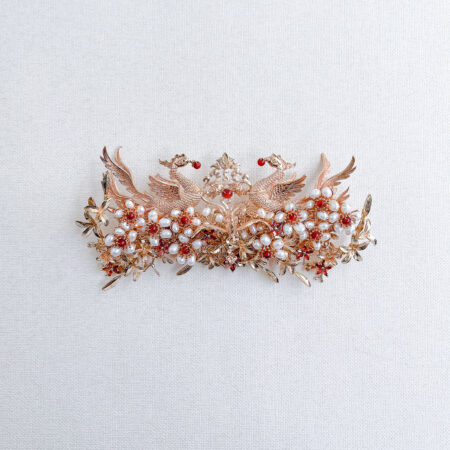 Phoenix Feather Floral Branch Brooch - Gold, Red