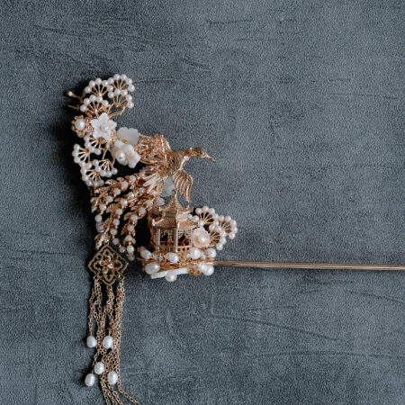 Flying Phoenix Pagoda Hairpin - Gold, Pink (Right)