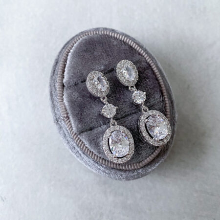 Drop Double Oval Bezel Earrings - Rhodium White Gold