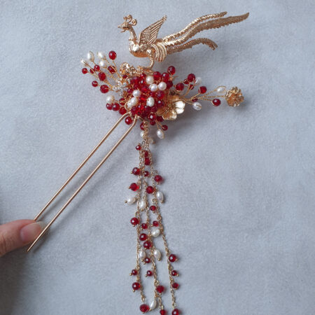 3D Phoenix Hairpin - Gold, Red