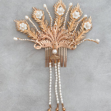 3D Peacock Flower Garden Haircomb - Gold