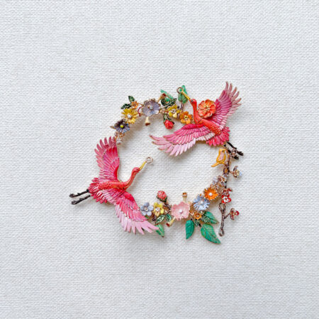 Colorful Double Crane in Circle Brooch - Gold