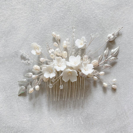 Clay Flower Blossom Twigs Haircomb - White Silver