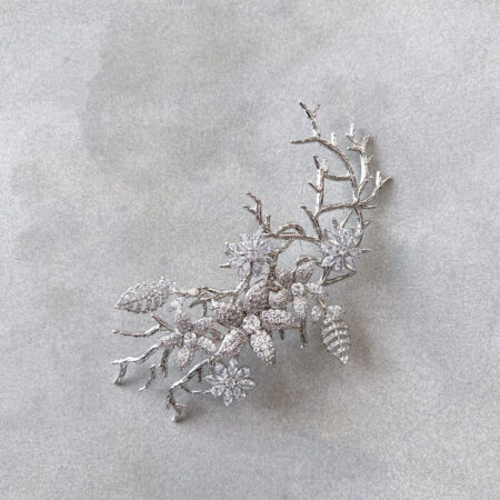 Paved Flower Branch Medium Hairvine/Brooch - White Gold