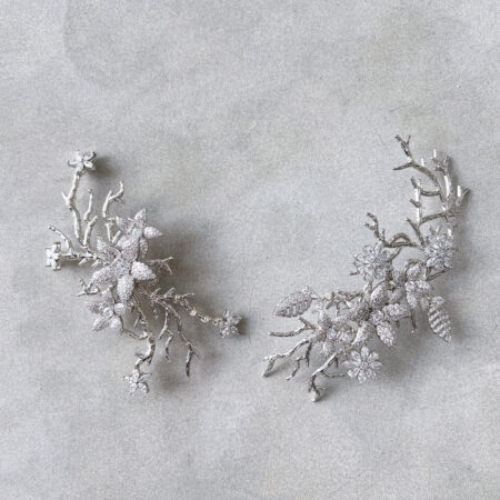 Paved Flower Branch Hairvine/Brooch Set - White Gold (2 pcs)