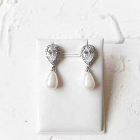 Pear(l) Earrings - Rhodium White Gold, White Pearl