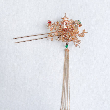 Branching Pagoda Garden Hairpin - Gold, Red (Left)