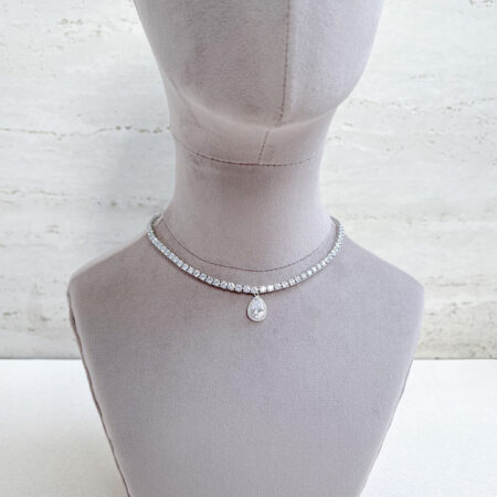 Round 0.25 ct Tennis Choker with Double Bezel Pear Pendant Necklace - Rhodium White Gold