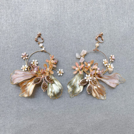 Flower Blossom Beaded Leaves Earrings - Gold (Clip)