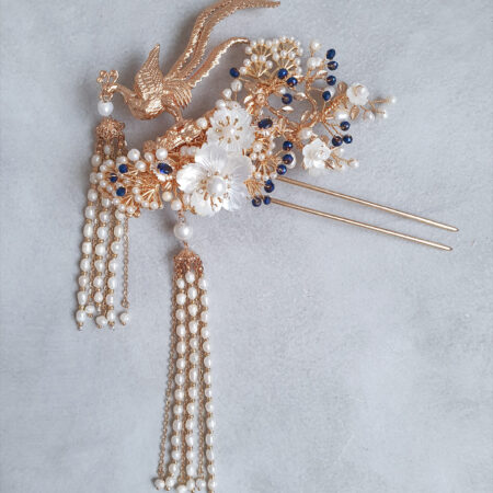 3D Phoenix Flower Hairpin - Gold, Sapphire