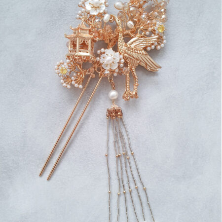 Flying Crane Garden Hairpin - Gold, Yellow Diamond