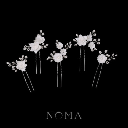 Clay Flower Rosy Hairpin Set - White Silver (5 pcs)