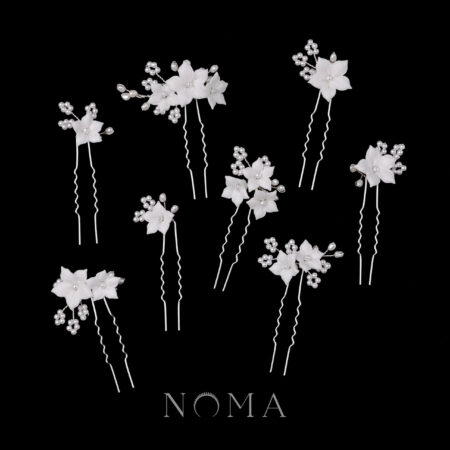 Clay Flower Jasmine Pearly Hairpin Set - White Silver (8 pcs)