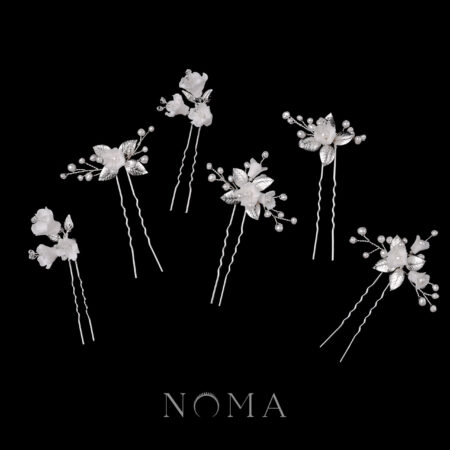 Clay Flower Blossom Quad Leaf Hairpin Set - White Silver (6 pcs)