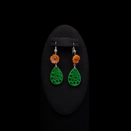 Carved Teardrop Small Red Ume Earrings - Gold, Jade