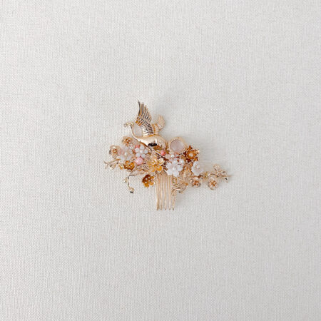 Flying Crane Floral Theme Side Haircomb - Gold, Pink (Left)