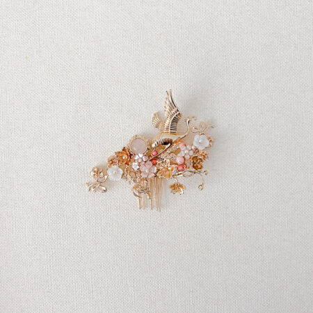 Flying Crane Floral Theme Side Haircomb - Gold, Pink (Right)